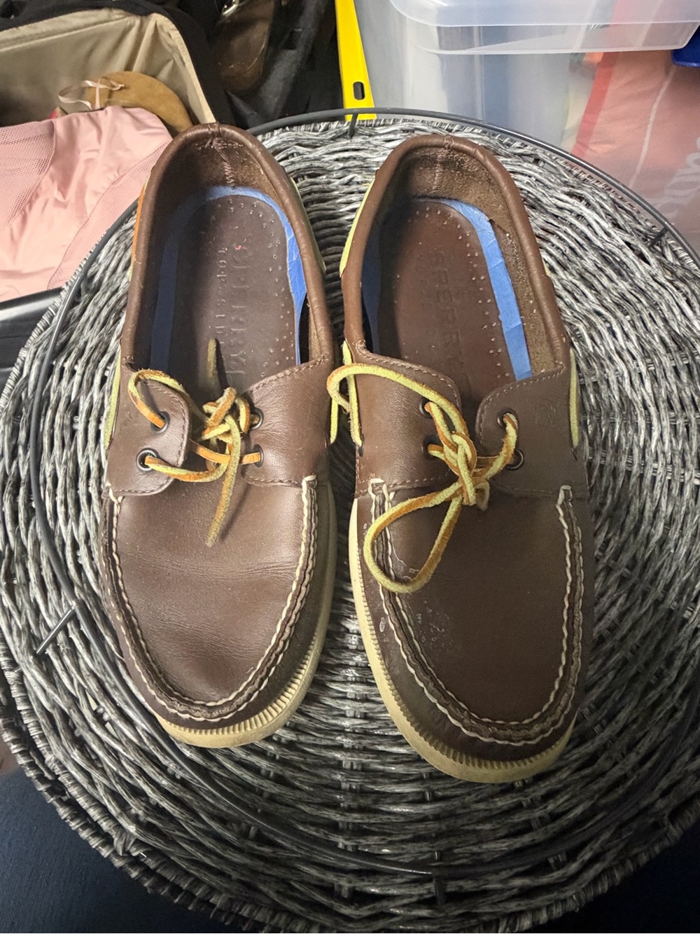 Sperry Brown Leather Boat Shoes with Yellow Laces Wide Width